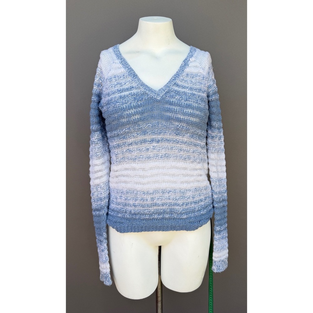 Hollister Sweater Small Blue White Ombre V-Neck Metallic Knit Coastal Beachy Top